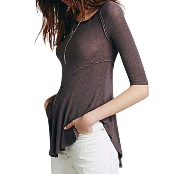 Free People Semi Sheer Asymmetric 3/4 Sleeve Slub Knit Layering Top - Picture 6 of 14